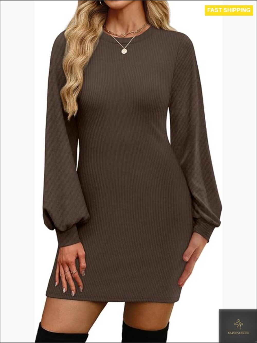 Puff Sleeve Bodycon Sweater Dress Ribbed Fleece Pullover Winter Fashion